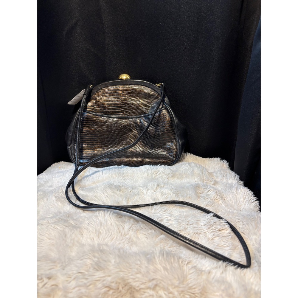 Jones New York Vintage Bronze Lizard Embossed Leather Crossbody Bag Kiss Lock